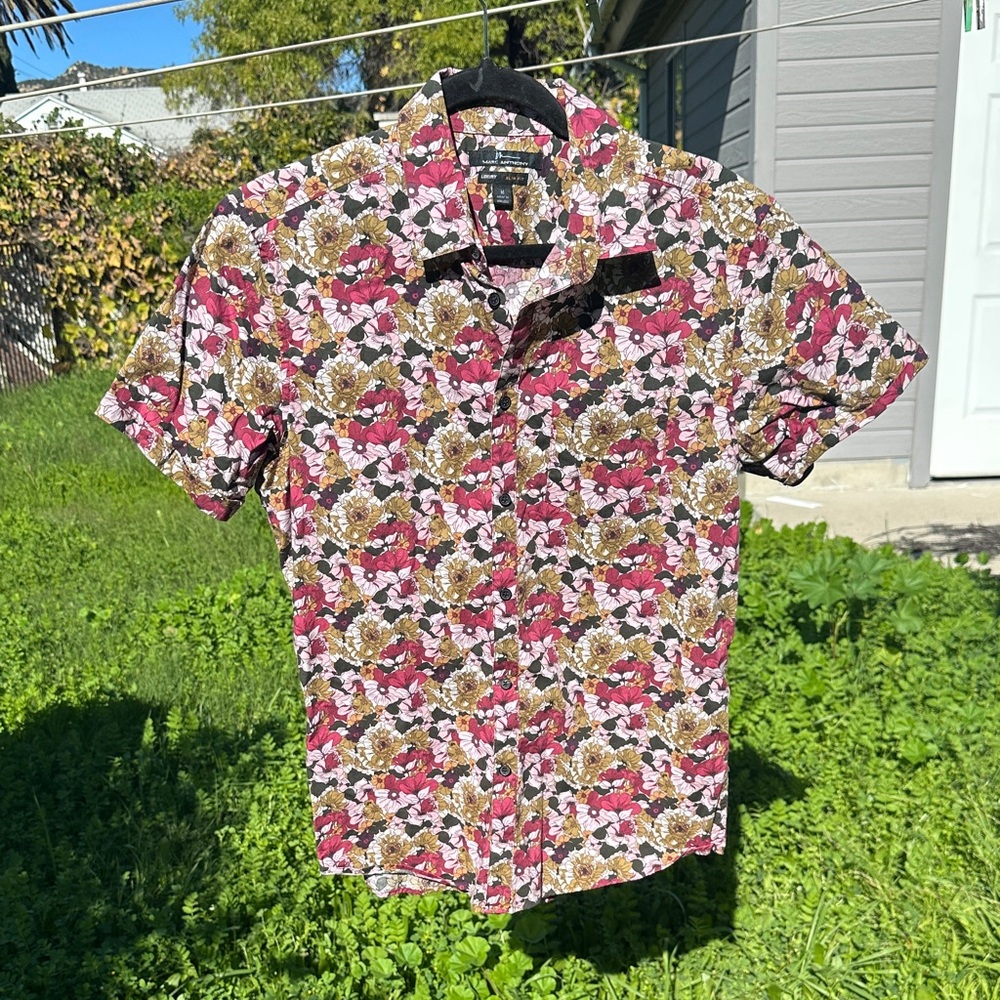 Marc Anthony Luxury Slim Fit Red and Gold Floral Button Down Shirt